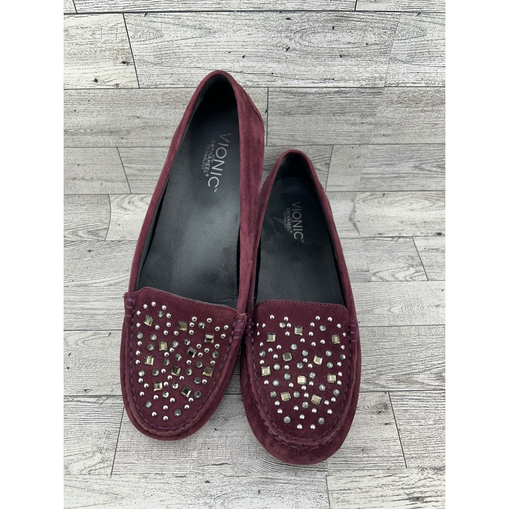 Vionic Athens Burgundy‎ Suede Studded Crystal Loafers Orthaheel Women Size 7.5